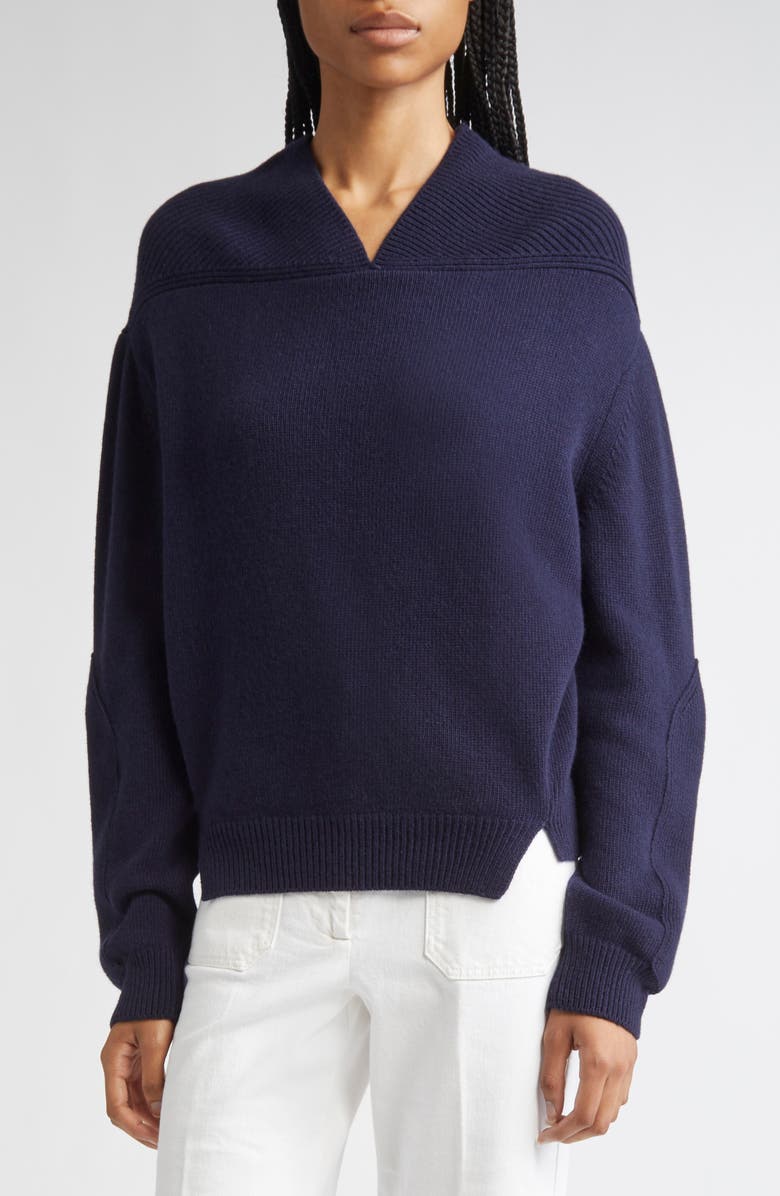 Victoria Beckham V-Neck Yoke Detail Merino Wool & Cashmere Sweater, Main, color, Navy