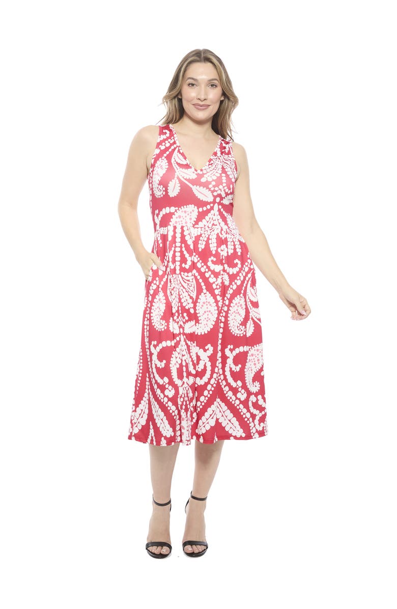 24seven Comfort Apparel Womens Paisley V-Neck Sleeveless Pleated Pocket Midi Fit N Flare Dress, Main, color, Red Multi