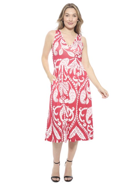 Womens Paisley V-Neck Sleeveless Pleated Pocket Midi Fit N Flare Dress