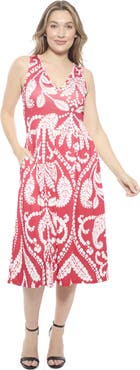 24seven Comfort Apparel Womens Paisley V-Neck Sleeveless Pleated Pocket Midi Fit N Flare Dress
