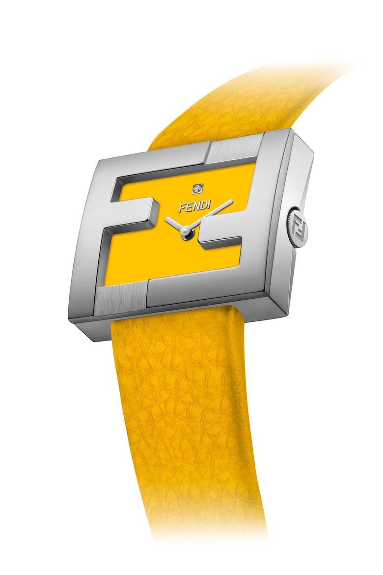 Fendimania Diamond Leather Strap Watch, 24mm x 20mm, Alternate, color, STAINLESS STEEL