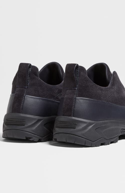 Zegna Navy Blue Leather And Suede Triple Stitch Monte Sneakers In Blue
