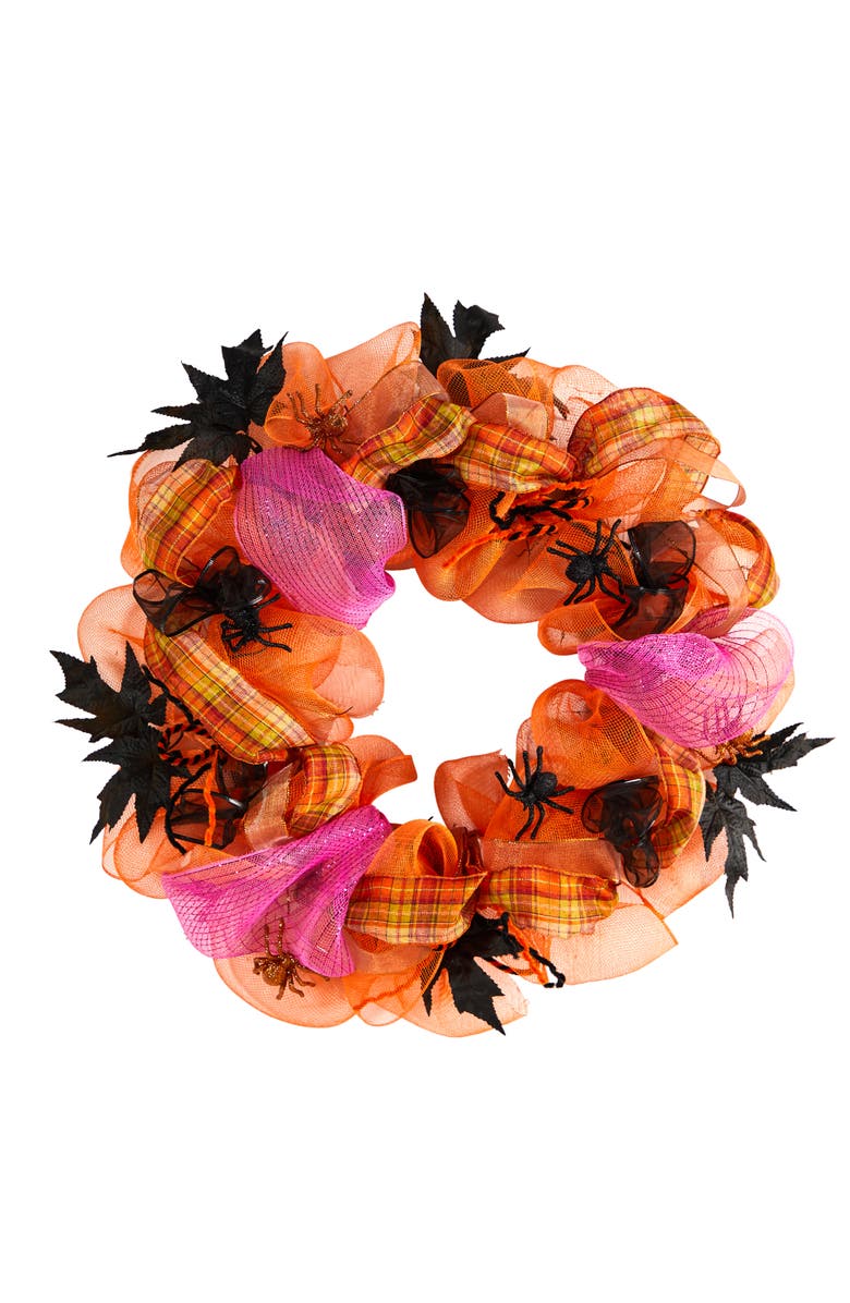 NEARLY NATURAL 26-in Halloween Spider Mesh Wreath, Main, color, Orange