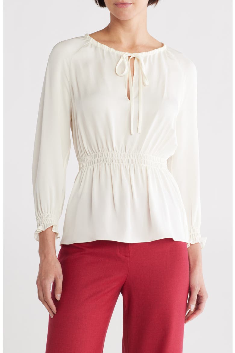 Tie Neck Smocked Silk Top, Main, color, IVORY