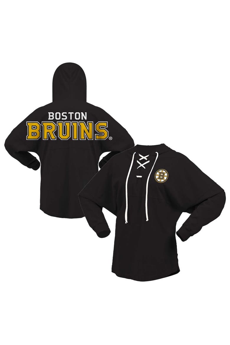 Women's Fanatics Branded Black Boston Bruins Jersey Lace-Up V-Neck Long Sleeve Hoodie T-Shirt, Main, color, Black