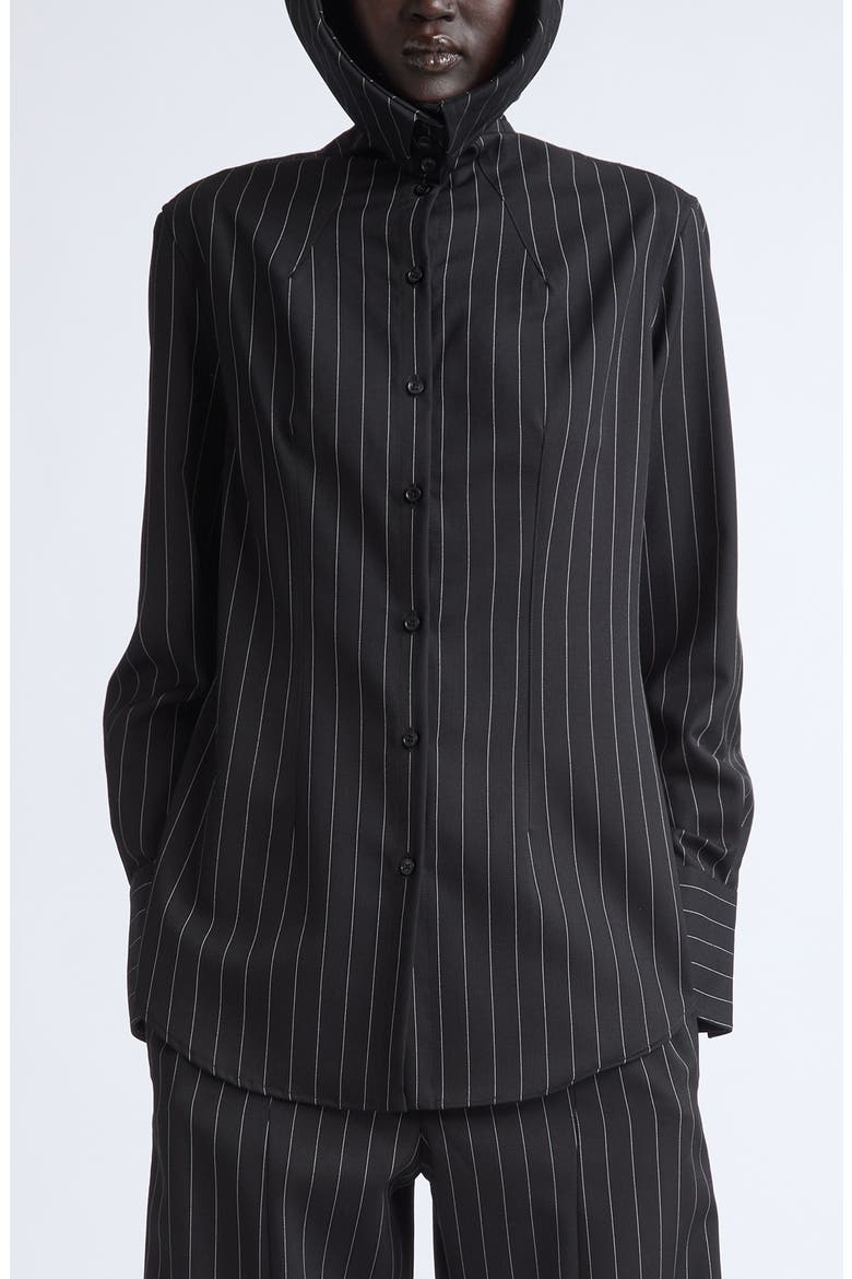Pinstripe Wool Button-Up Hoodie Shirt, Main, color, BLACK/ WHITE