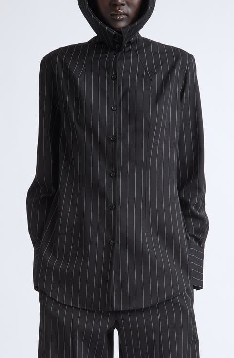 Pinstripe Wool Button-Up Hoodie Shirt