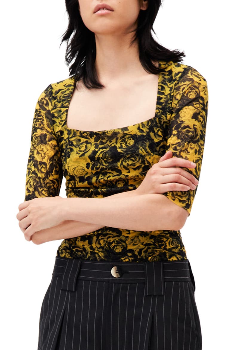Women's Printed Mesh Blouse, Main, color, LEMON