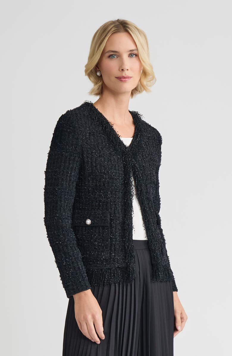 Misook Tailored Eyelash Fringe Trim Knit Jacket, Alternate, color, Black