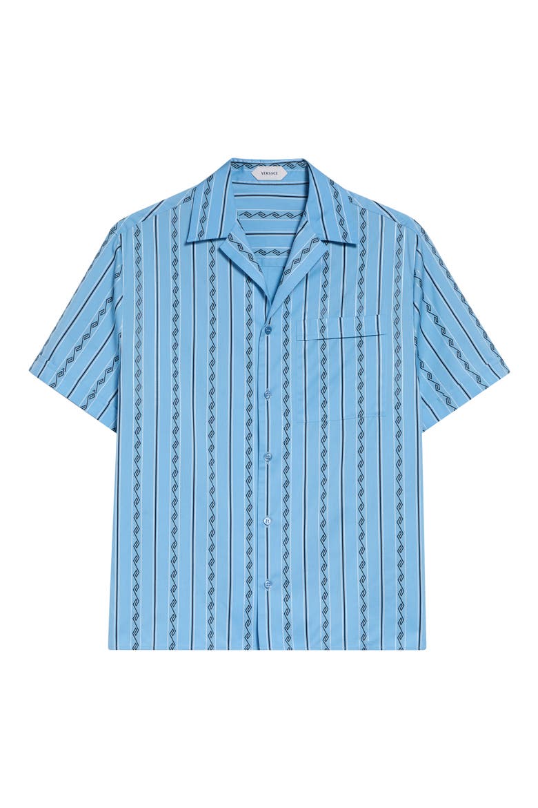 Stripe Greca Jacquard Short Sleeve Button-Up Shirt, Main, color, BRIGHT AVIO BLACK