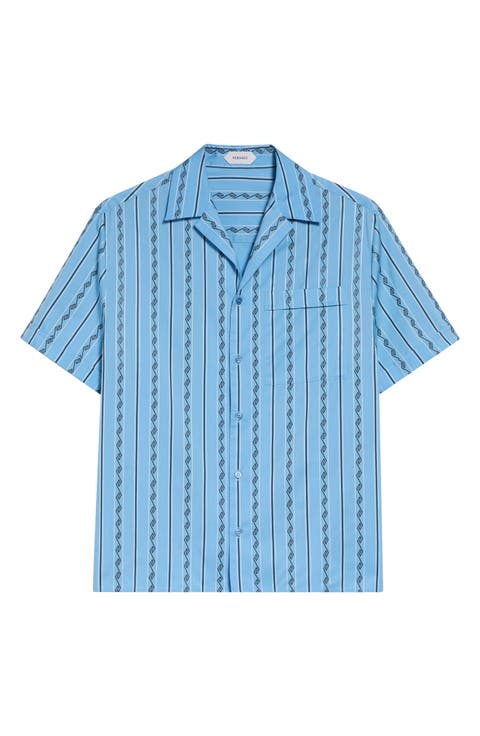 Stripe Greca Jacquard Short Sleeve Button-Up Shirt