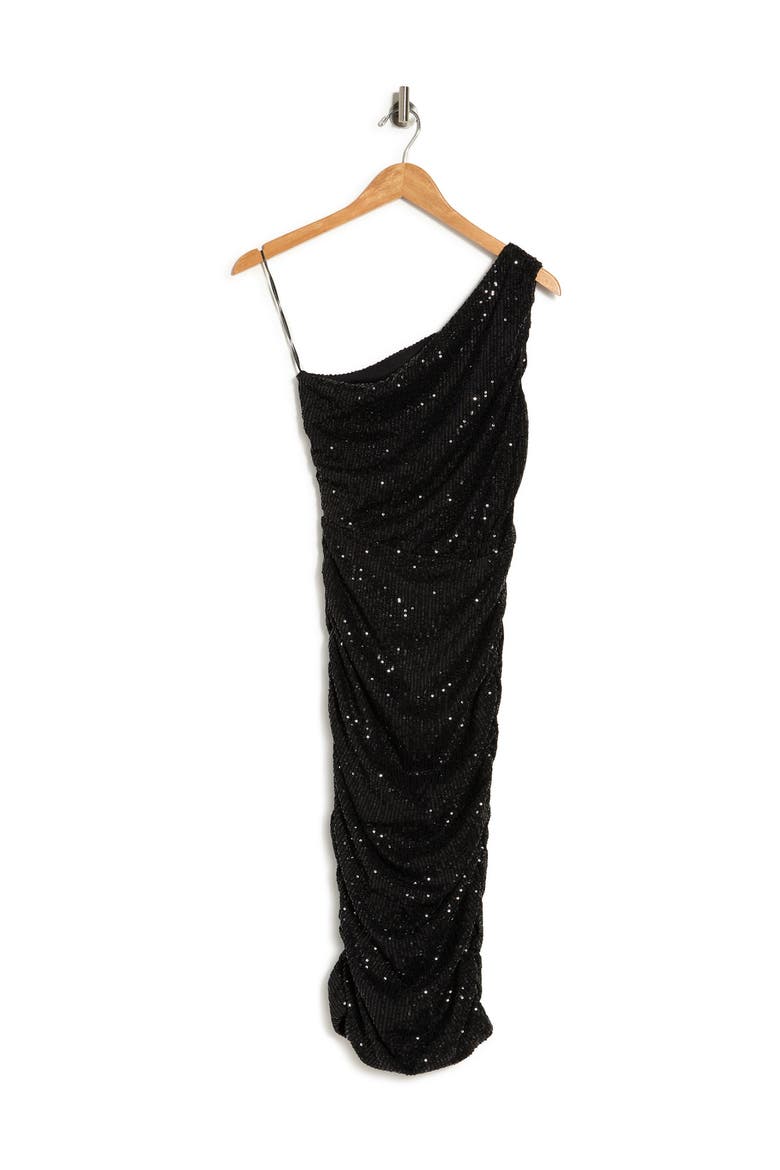 Sequin One-Shoulder Midi Dress, Alternate, color, BLACK