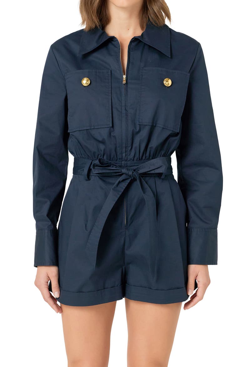 Utility Long Sleeve Cotton Romper, Alternate, color, NAVY