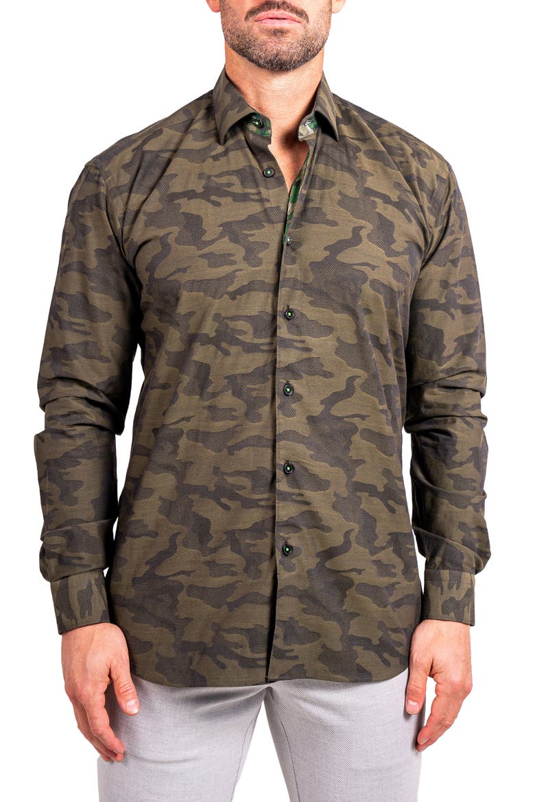 Fibonacci Ascension Contemporary Fit Button-Up Shirt, Main, color, GREEN