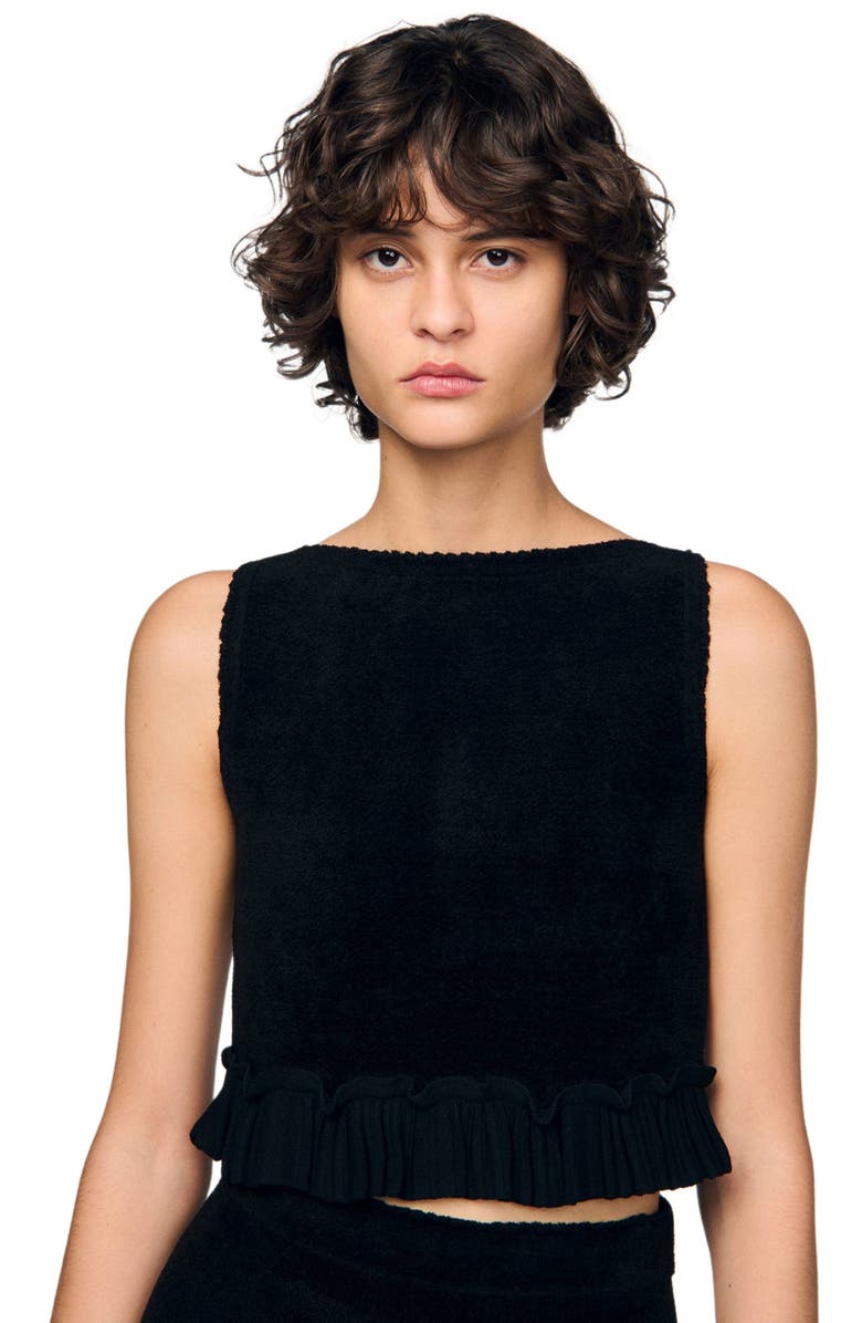SANDRO Ruffled knit crop top, Alternate, color, Black