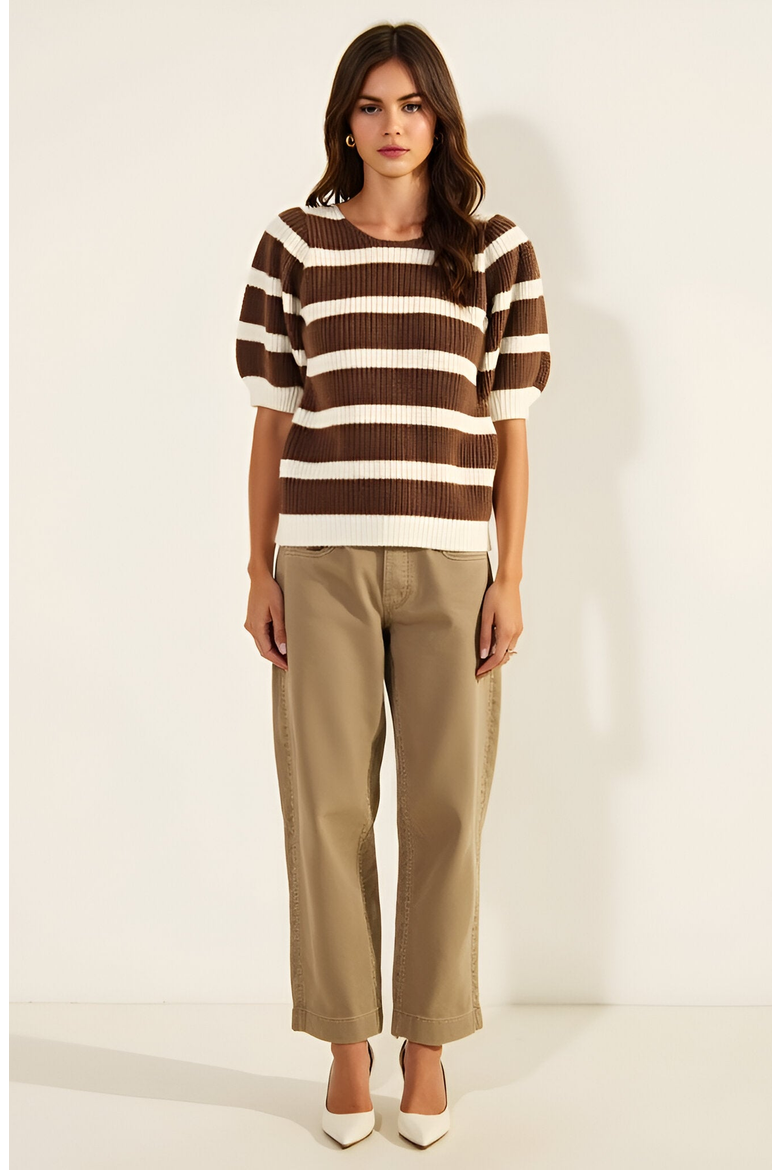 Striped Short Sleeve Sweater with Puff Shoulders and Square Neckline, Alternate, color, Brown / Off White Stripe
