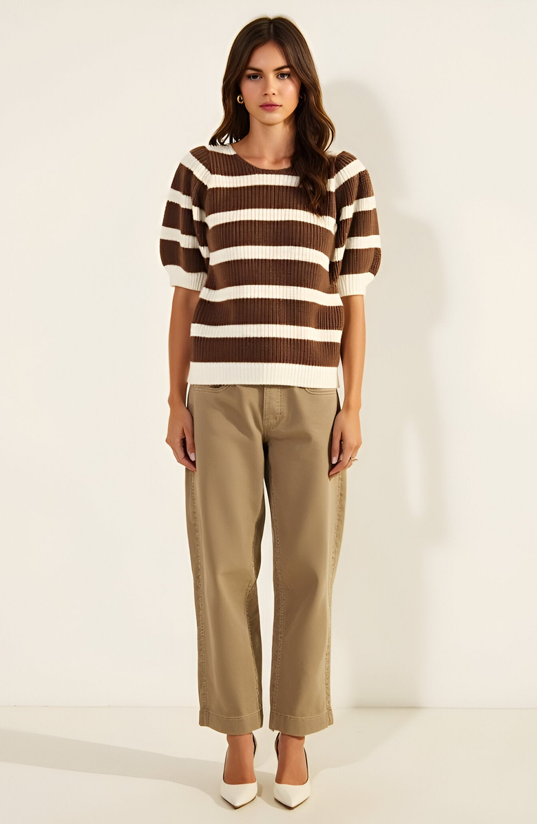 Modenaire Striped Short Sleeve Sweater with Puff Shoulders and Square Neckline, Alternate, color, Brown / Off White Stripe