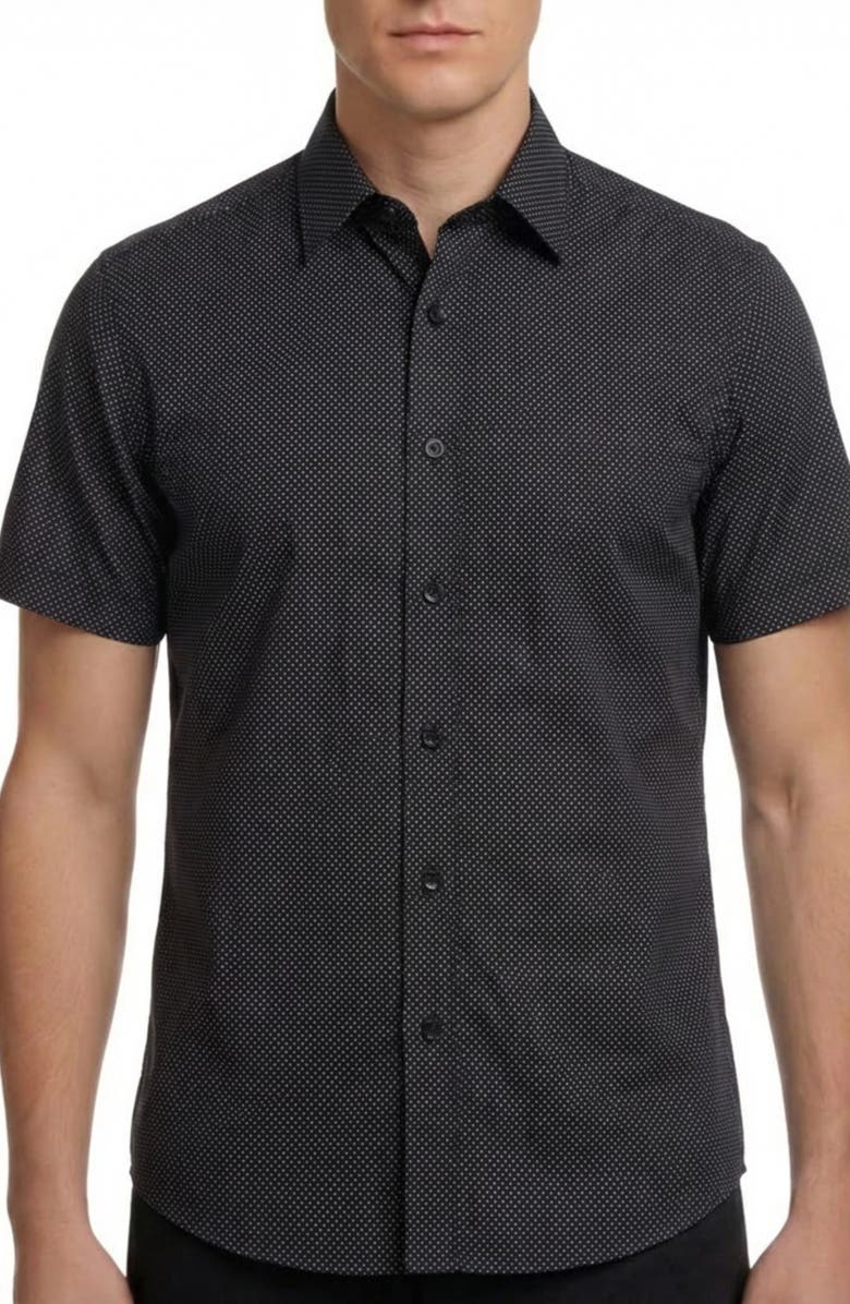 Report Collection Geo Print Short Sleeve Stretch Button-Up Shirt, Main, color, Black