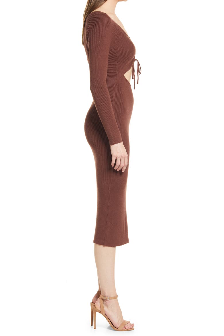 Gathered Front Cutout Long Sleeve Rib Midi Dress, Alternate, color, COFFEE