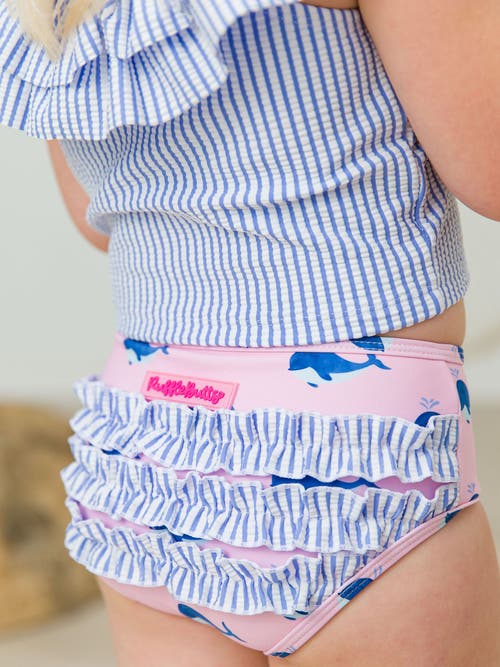 Shop Rufflebutts Baby/toddler Girls Upf50+ Sun Protected Ruffle Tankini In Pink Whale Friends
