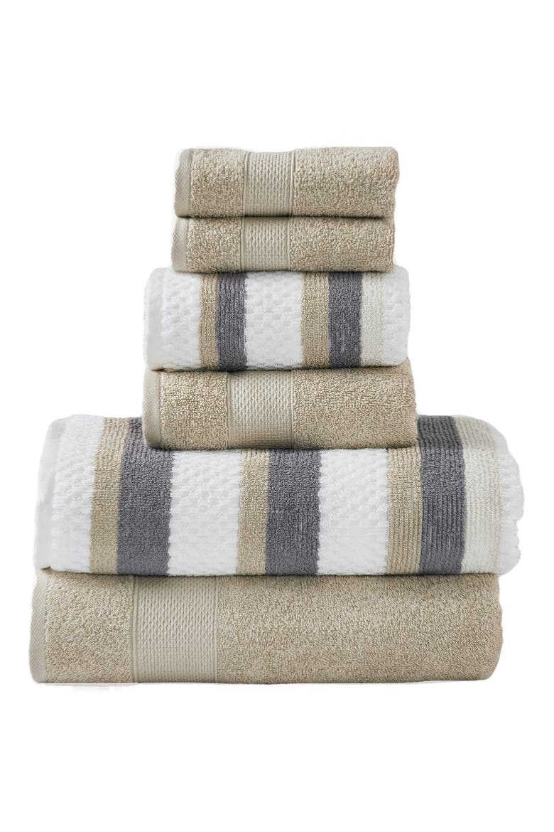 6-Piece Mixed Stripe & Solid Cotton Towel Set, Main, color, KHAKI