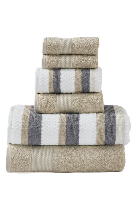 6-Piece Mixed Stripe & Solid Cotton Towel Set
