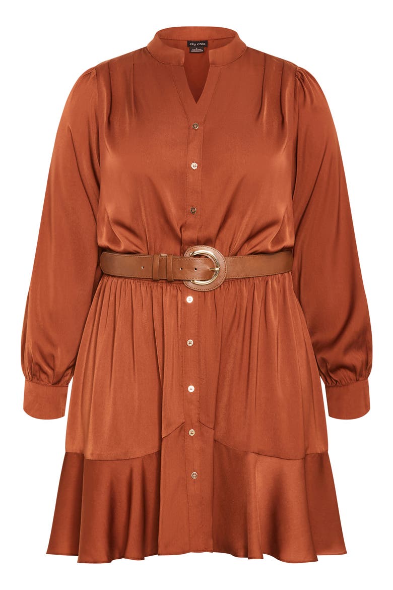 Oki Belted Long Sleeve Satin Shirtdress, Alternate, color, TOFFEE