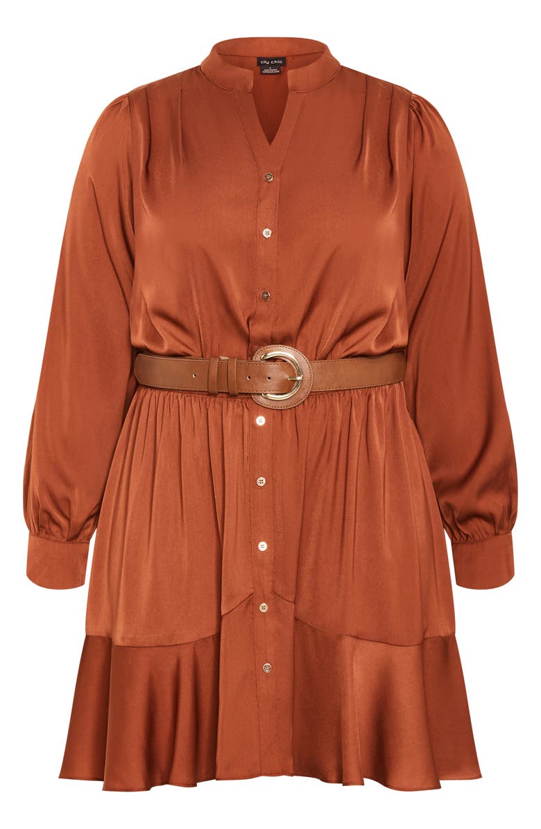 City Chic Oki Belted Long Sleeve Satin Shirtdress, Alternate, color, Toffee