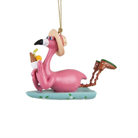 Whimsical Surfboard Pink Flamingo Christmas Tree Ornament 3.5"