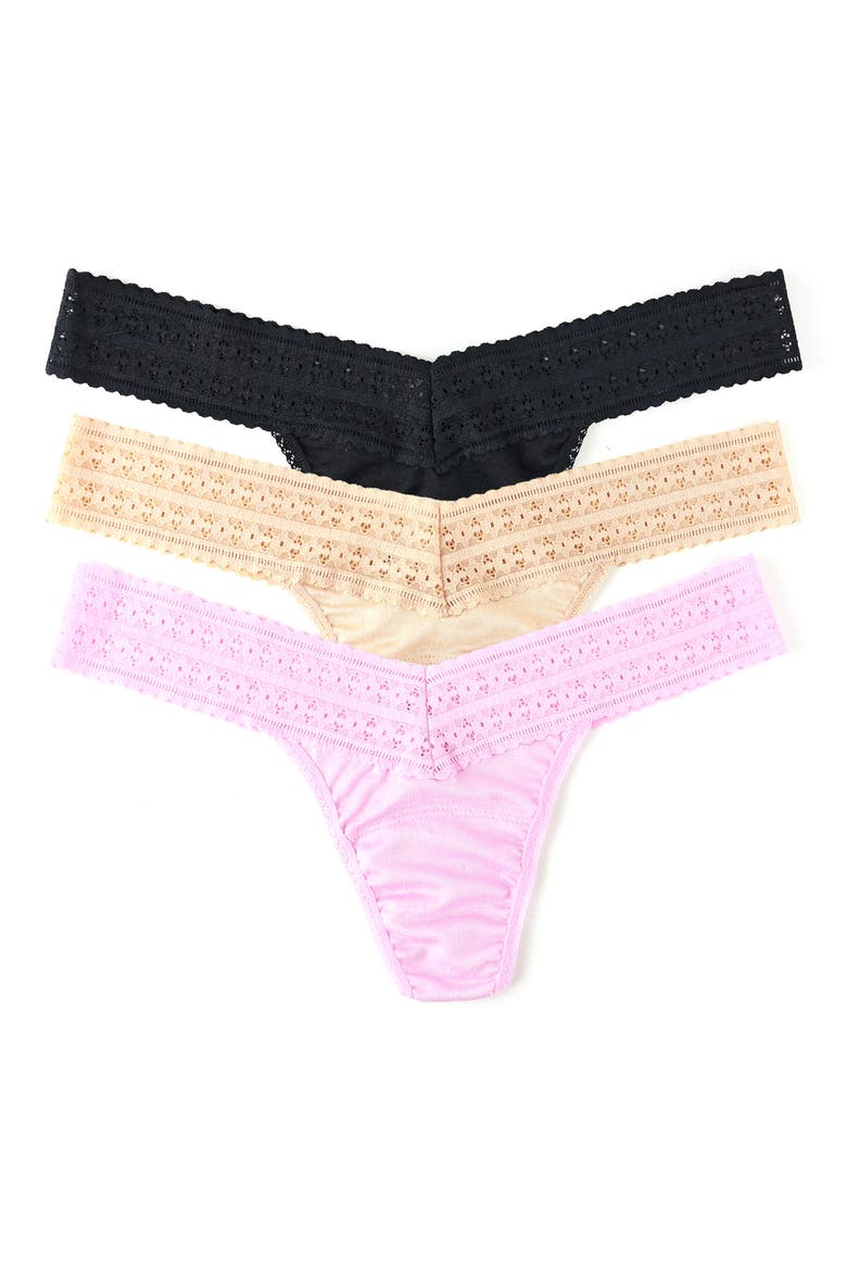 DreamEase™ Assorted 3-Pack Low Rise Thongs, Main, color, CHAI/ BLACK/ COTTON CANDY PINK