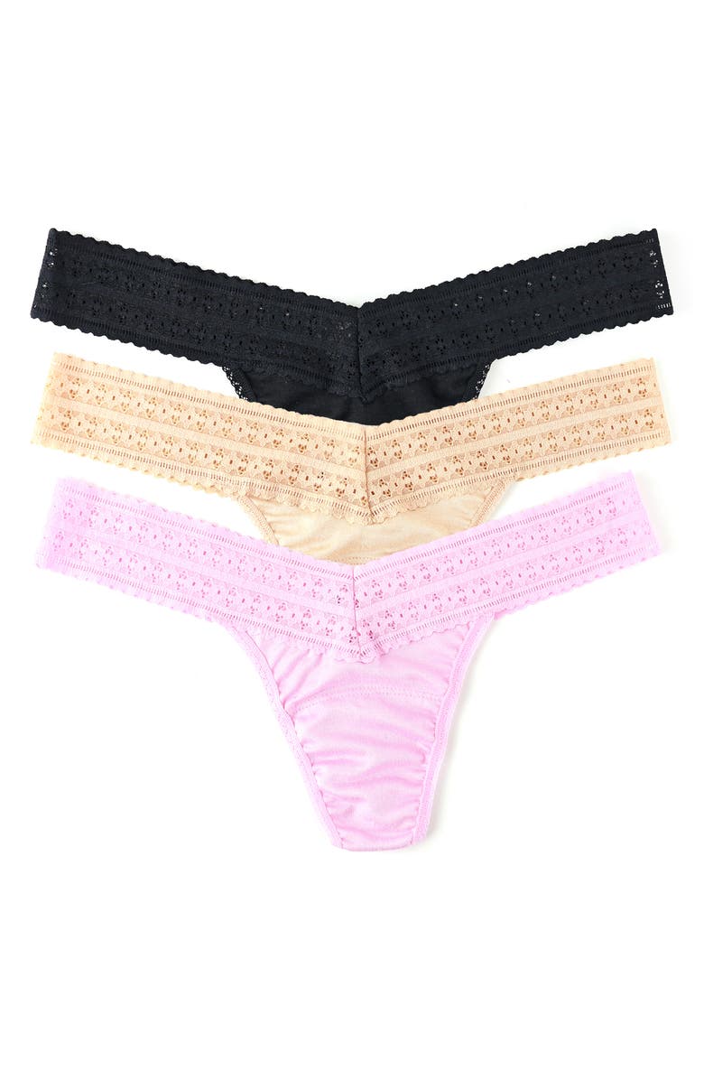 Hanky Panky DreamEase<sup>™</sup> Assorted 3-Pack Low Rise Thongs, Main, color, Chai/ Black/ Cotton Candy Pink