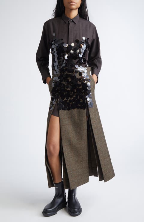 Sequin Embroidered Plaid Long Sleeve Double Face Melton Wool Shirtdress