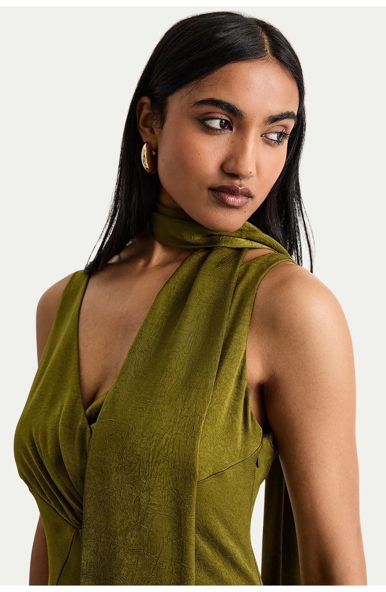 Warehouse Plain Scarf Detail Tie Neck Maxi Dress, Alternate, color, Olive