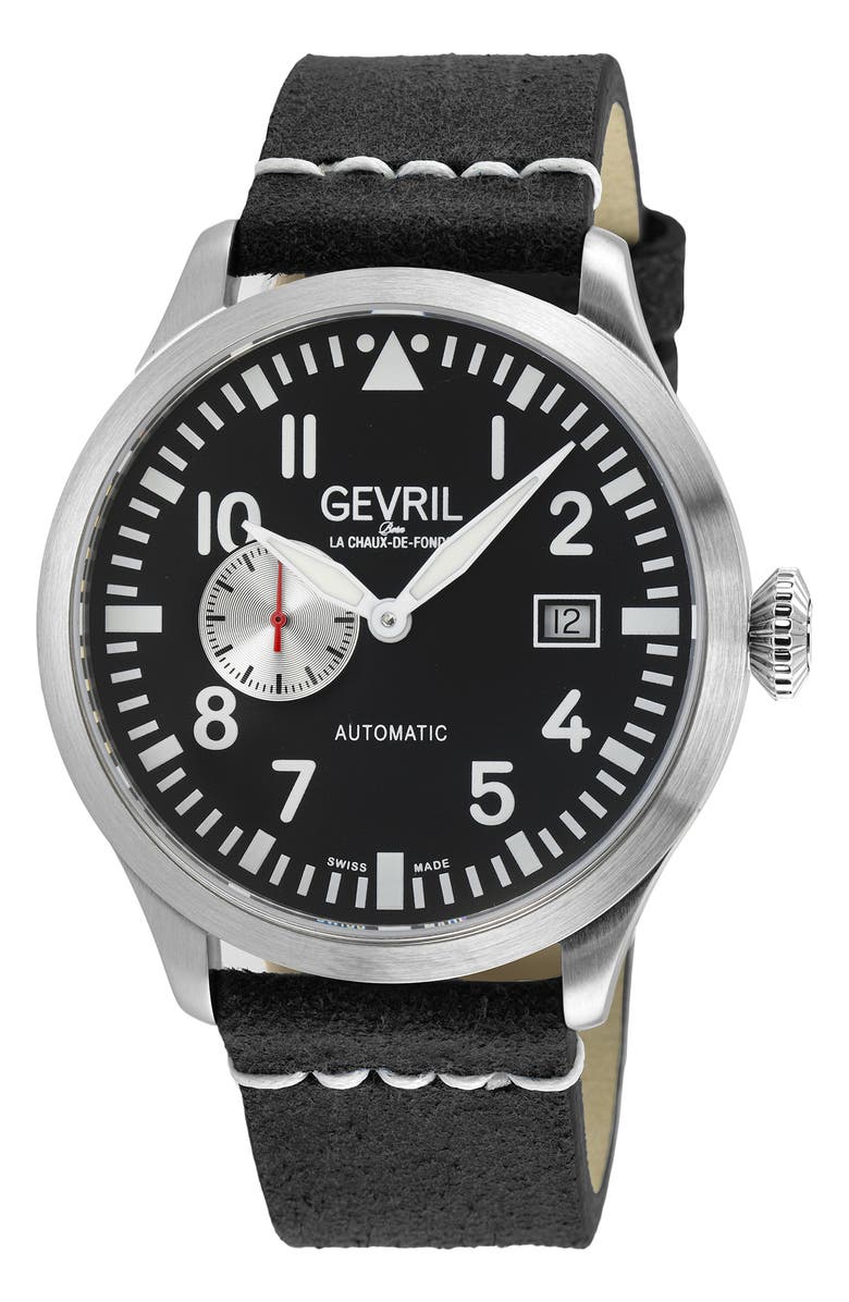 GEVRIL Vaughn Leather Strap Automatic Watch, 44mm, Main, color, Black