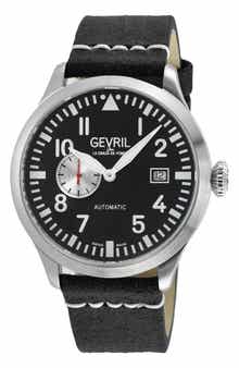 GEVRIL Vaughn Leather Strap Automatic Watch, 44mm