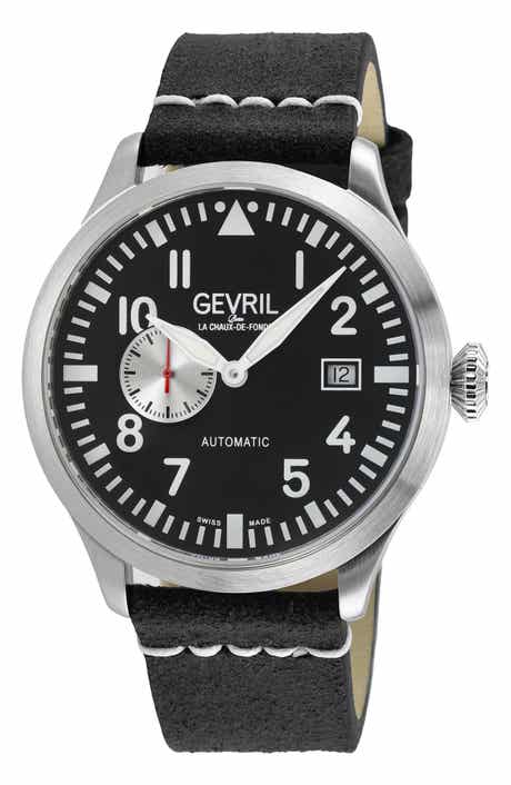 GEVRIL Vaughn Leather Strap Automatic Watch, 44mm