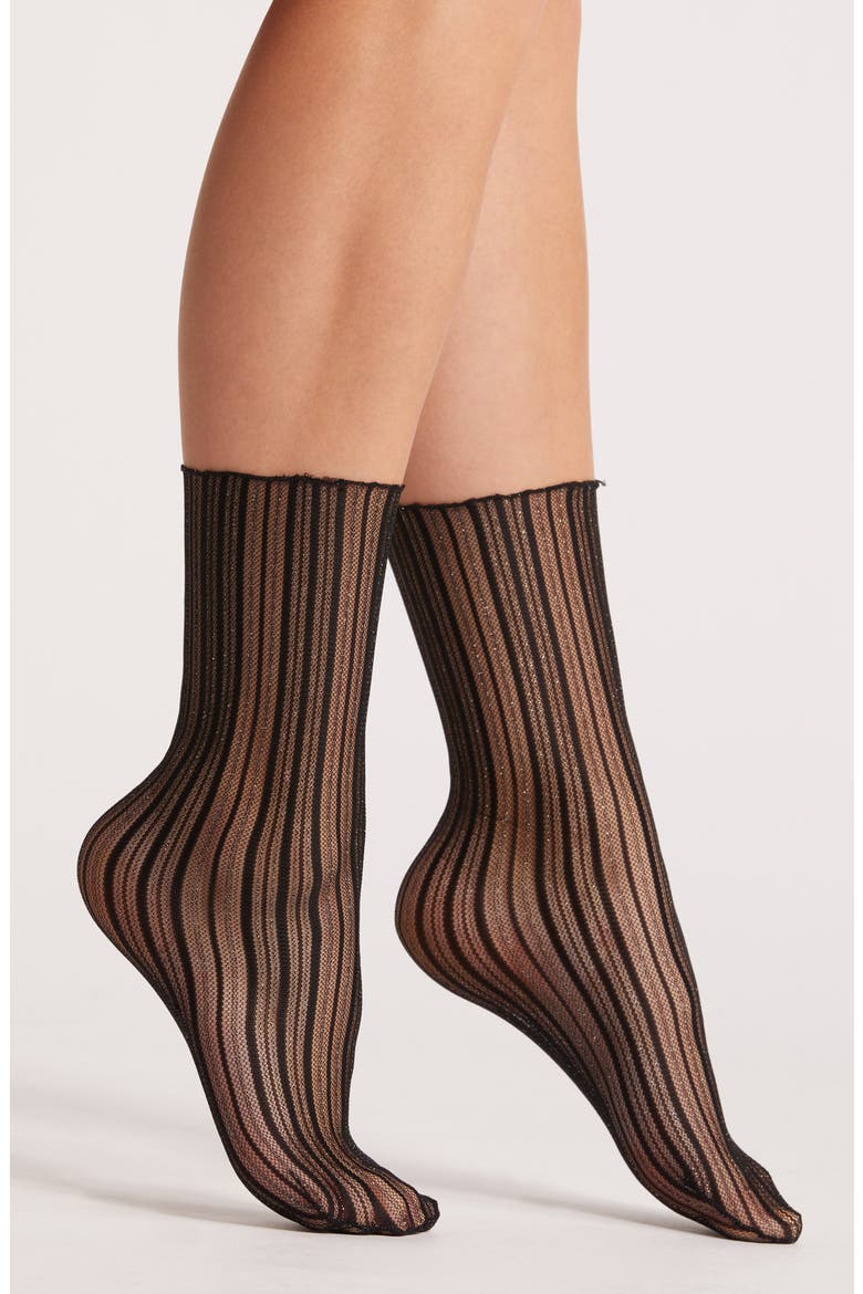 Sheer Candy Stripe Tulle Crew Socks, Main, color, BLACK
