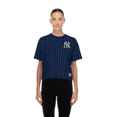 Women's New Era  Navy New York Yankees Throwback Meshback Pinstripe Boxy T-Shirt