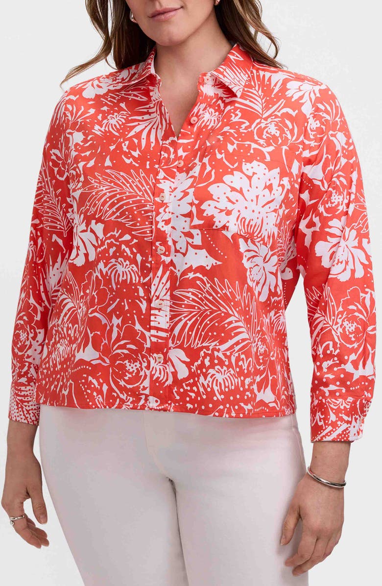 Foxcroft Jodie Floral Print Crop Shirt, Main, color, Peachy Orange/ White