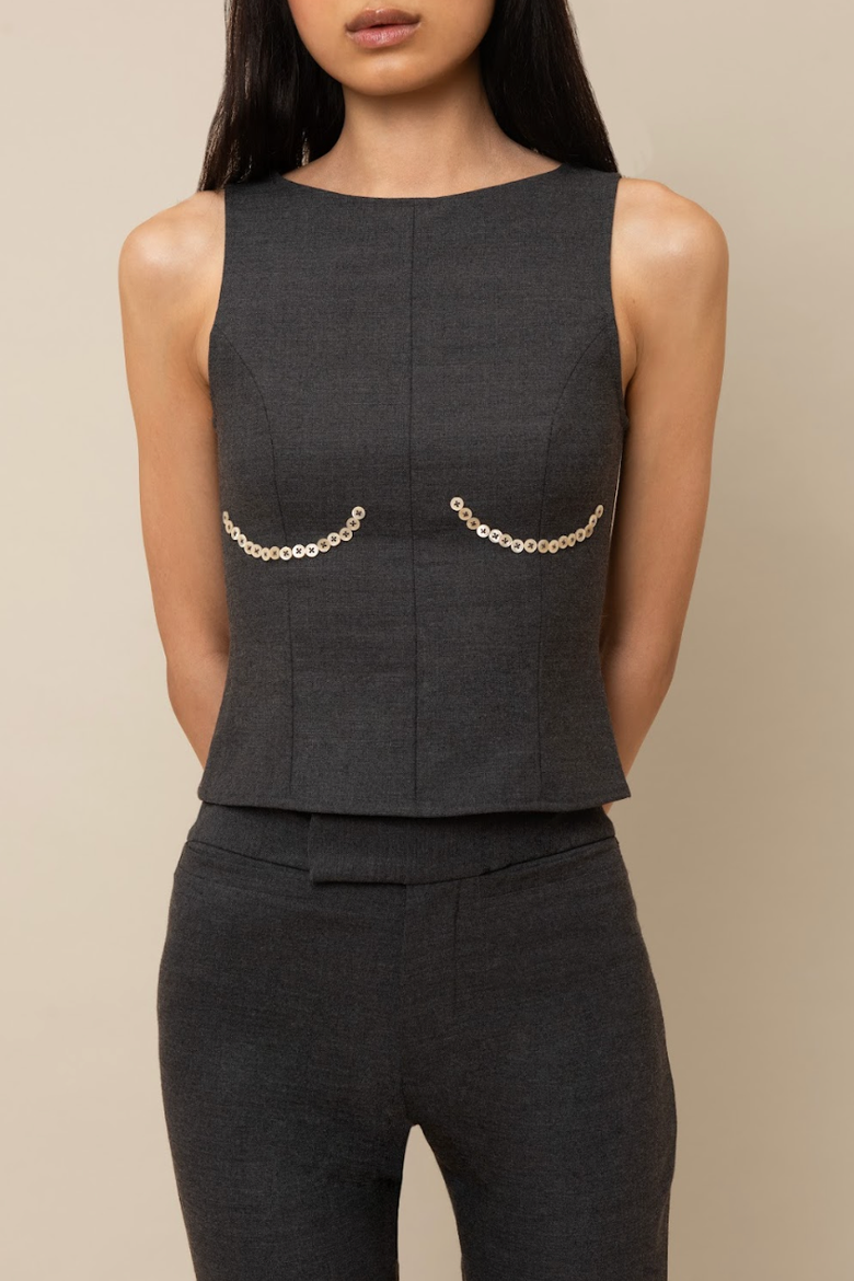 Cora Elegant Textured Twill Boatneck with Shell Buttons Top, Main, color, Charcoal