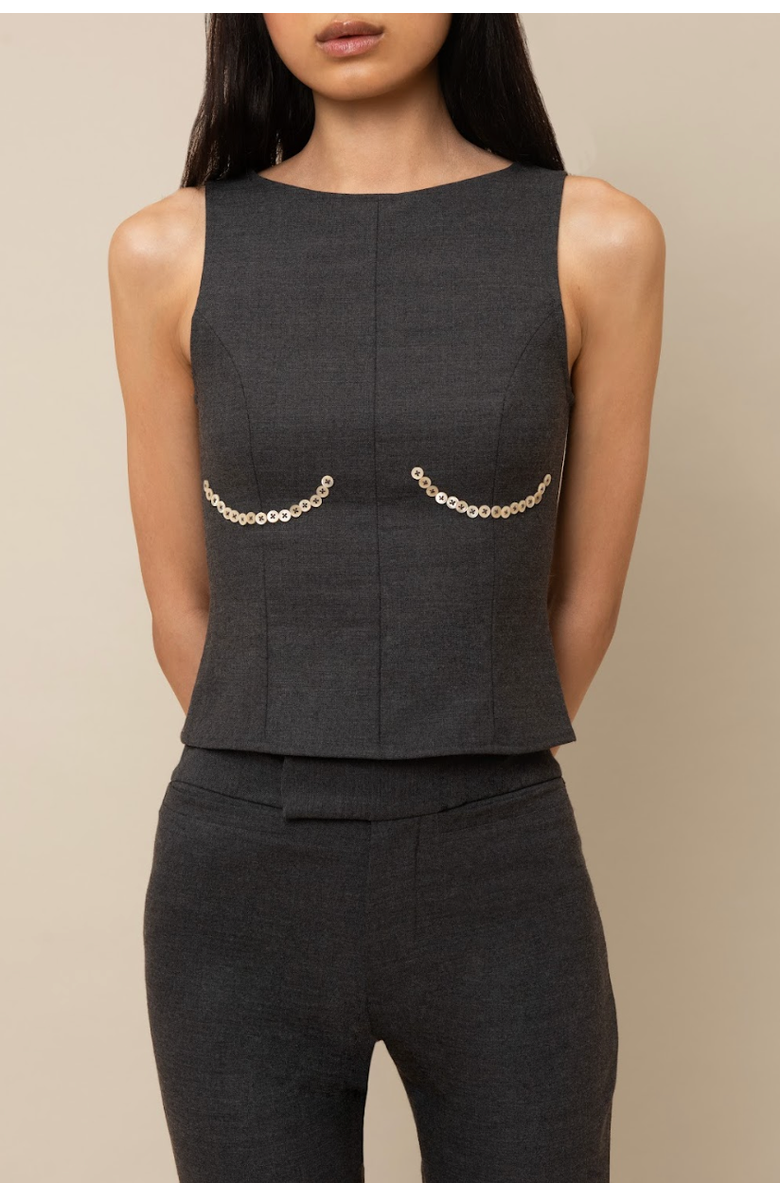 Contessa Mills Cora Elegant Textured Twill Boatneck with Shell Buttons Top, Main, color, Charcoal