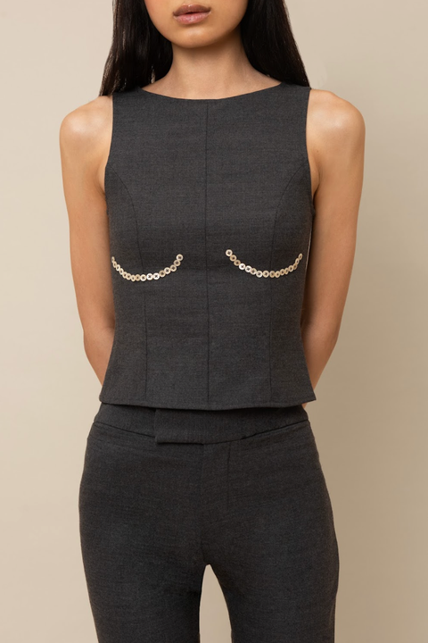 Cora Elegant Textured Twill Boatneck with Shell Buttons Top