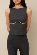 Contessa Mills Cora Elegant Textured Twill Boatneck with Shell Buttons Top