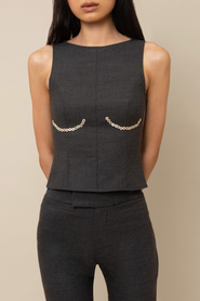 Contessa Mills Cora Elegant Textured Twill Boatneck with Shell Buttons Top