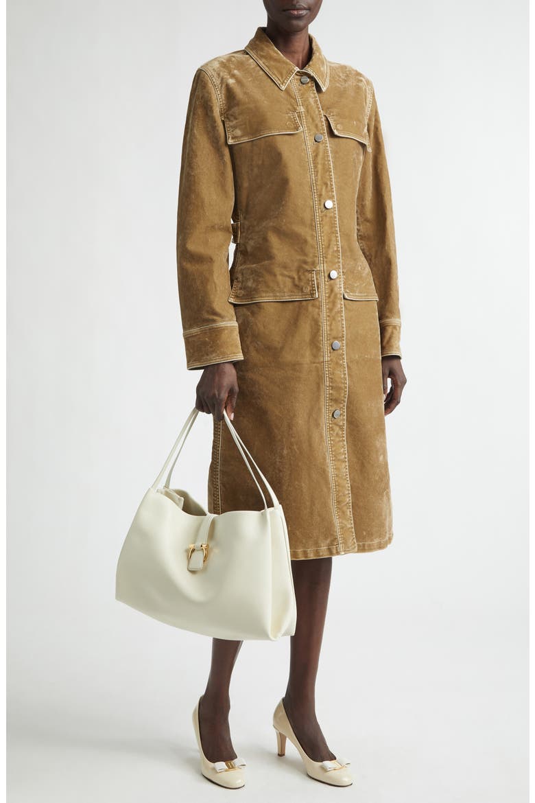 Distressed Long Sleeve Stretch Velveteen Trench Shirtdress, Alternate, color, SAFARI