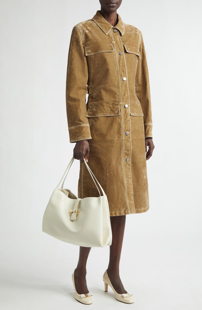 FERRAGAMO Distressed Long Sleeve Stretch Velveteen Trench Shirtdress, Alternate, color, Safari