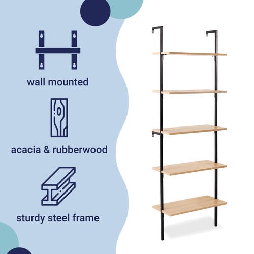 Happimess Madera Classic Industrial 5-shelf Wood Wall-mounted Open Ladder Bookcase With Metal Frame In Light Oak/black