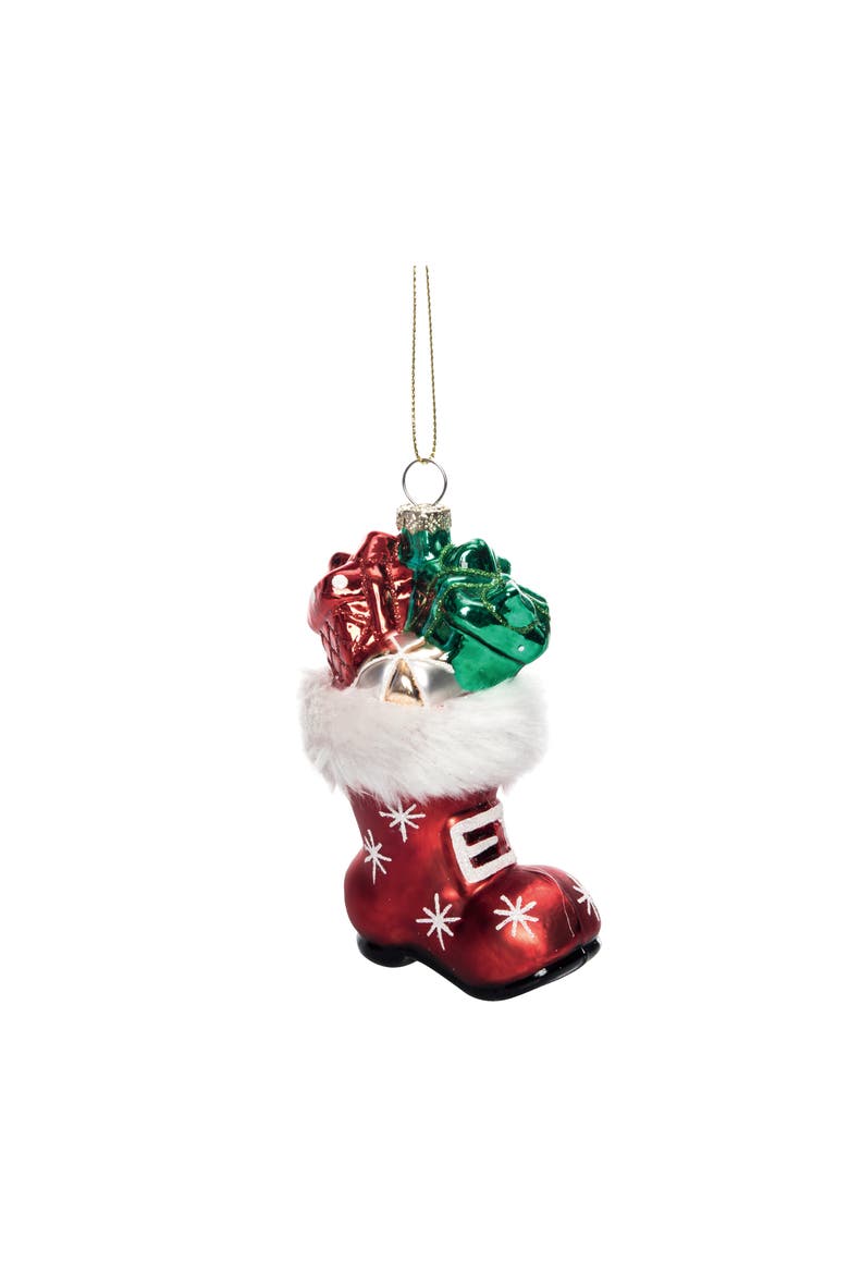 Multicolor Glass Santa Boot Ornament with Presents for Christmas, Main, color, Multicolored