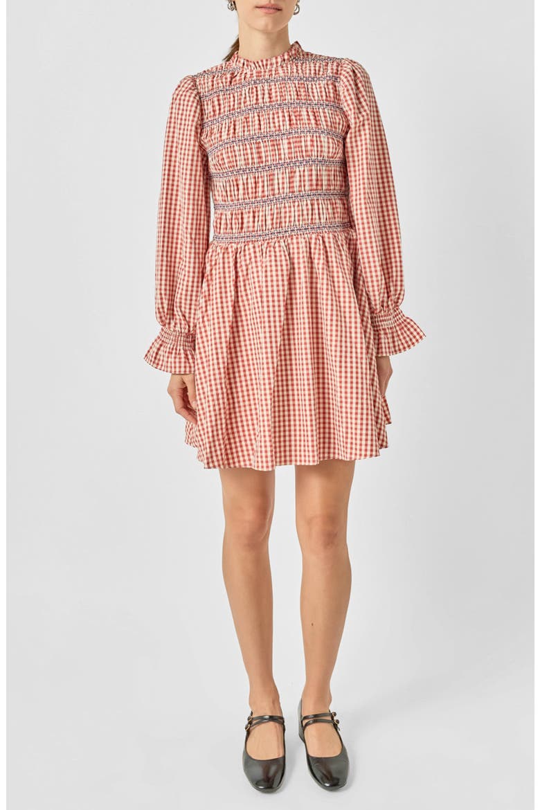 Gingham Smocked Long Sleeve Minidress, Main, color, DARK CHERRY