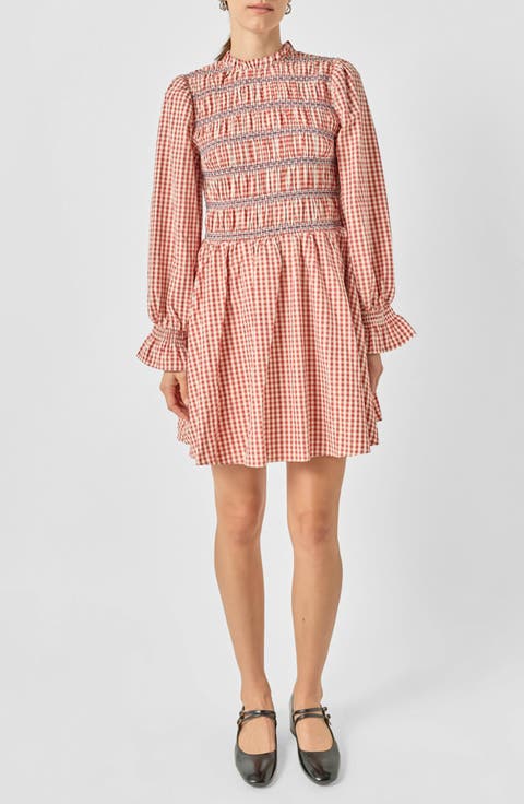 Gingham Smocked Long Sleeve Minidress
